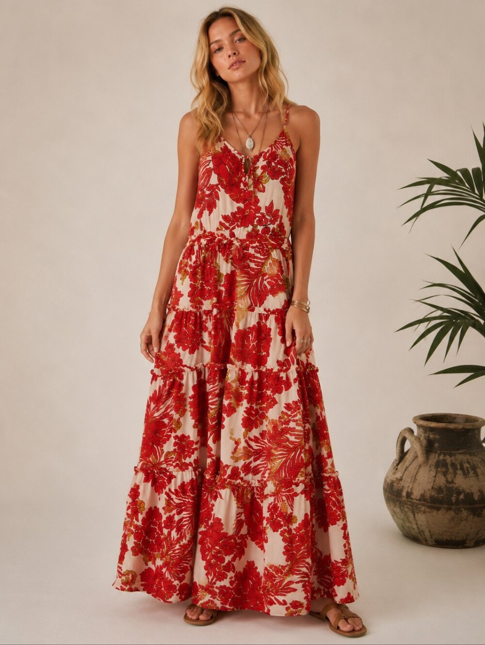 B.O.G Collective Red Tropical Floral Boho Maxi Dress Size S